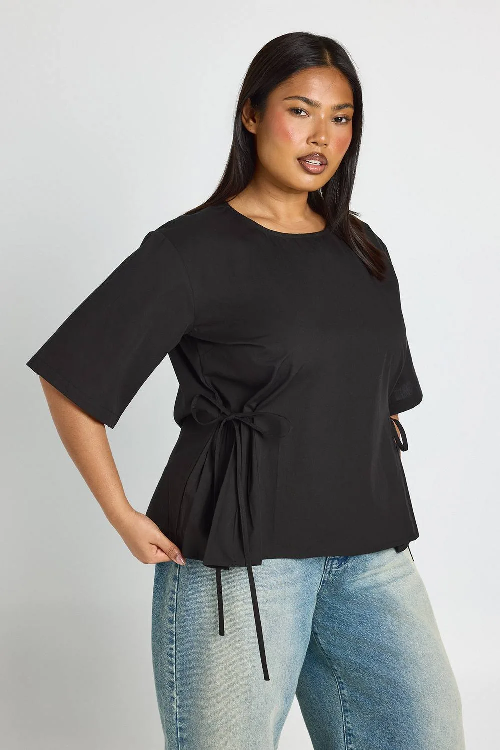 Cotton Poplin Short Sleeve Tie Side Top by boohoo