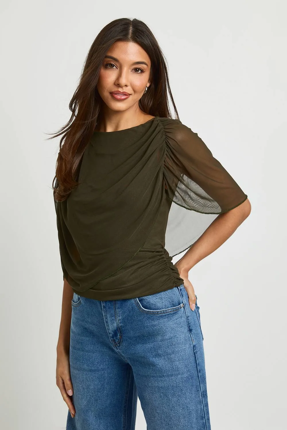 Ruched Mesh Cape Overlay Top