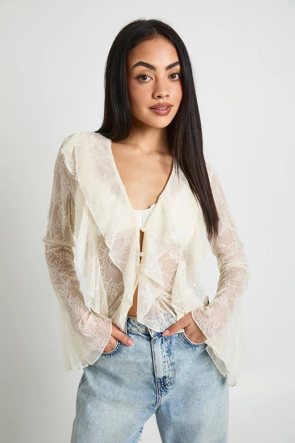 Sheer Lace Ruffle Blouse by boohoo