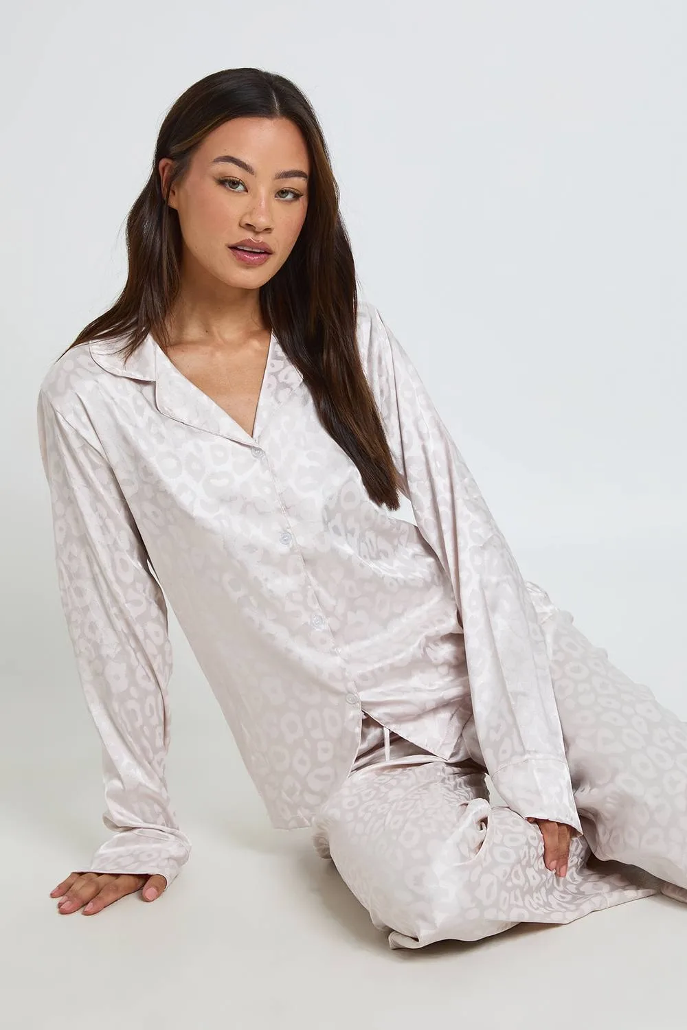 Leopard Jacquard Satin Long Sleeve Shirt & Trouser Pyjama Set by boohoo