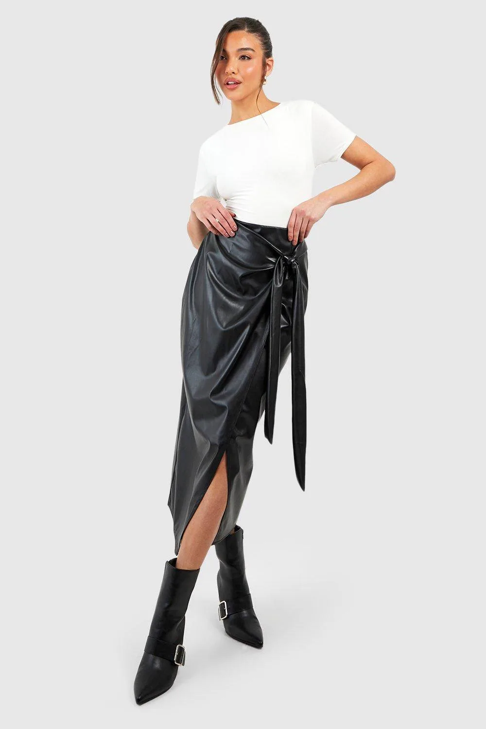 Leather Look Wrap Midaxi Skirt by boohoo