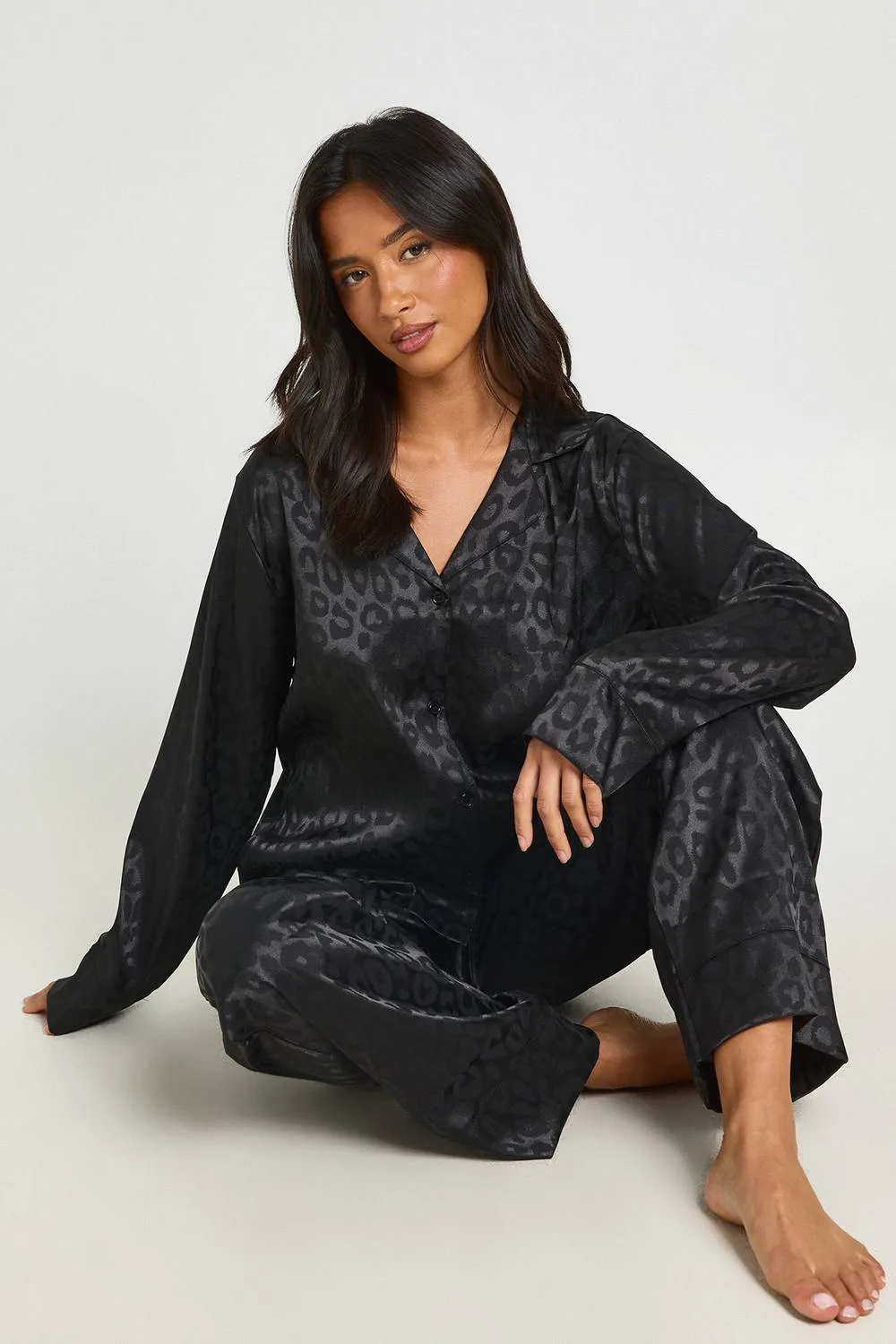Leopard Jacquard Satin Long Sleeve Shirt & Trouser Pyjama Set by boohoo