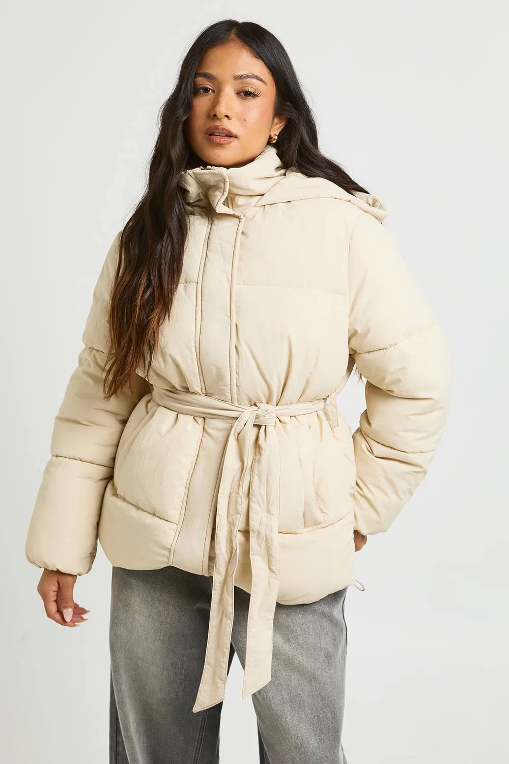 Hooded Belted Puffer Jacket by boohoo