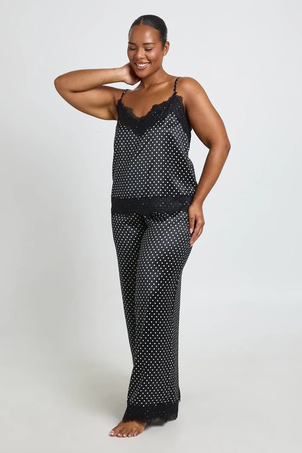 Polka Dot Satin Lace Cami & Trouser Pyjama Set by boohoo