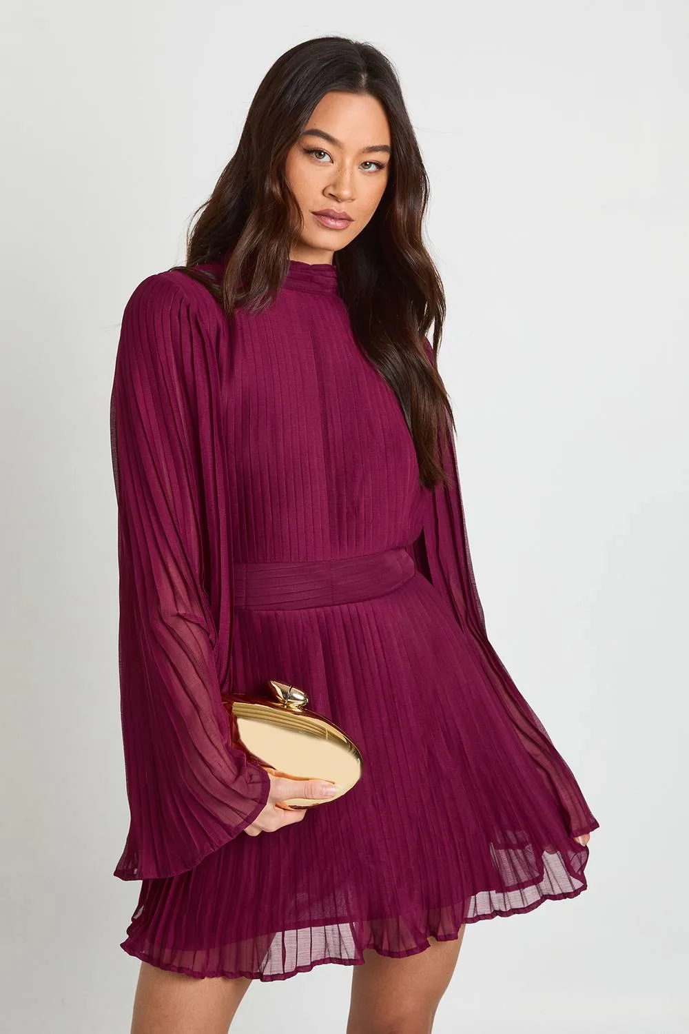 Tall Pleated Chiffon High Neck Flare Sleeve Mini Dress by boohoo