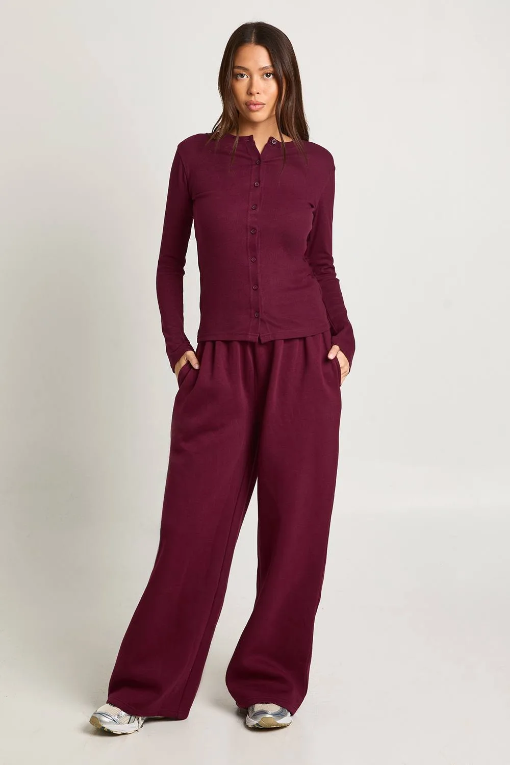 Rib Button Through Long Sleeve Top Tracksuit by boohoo