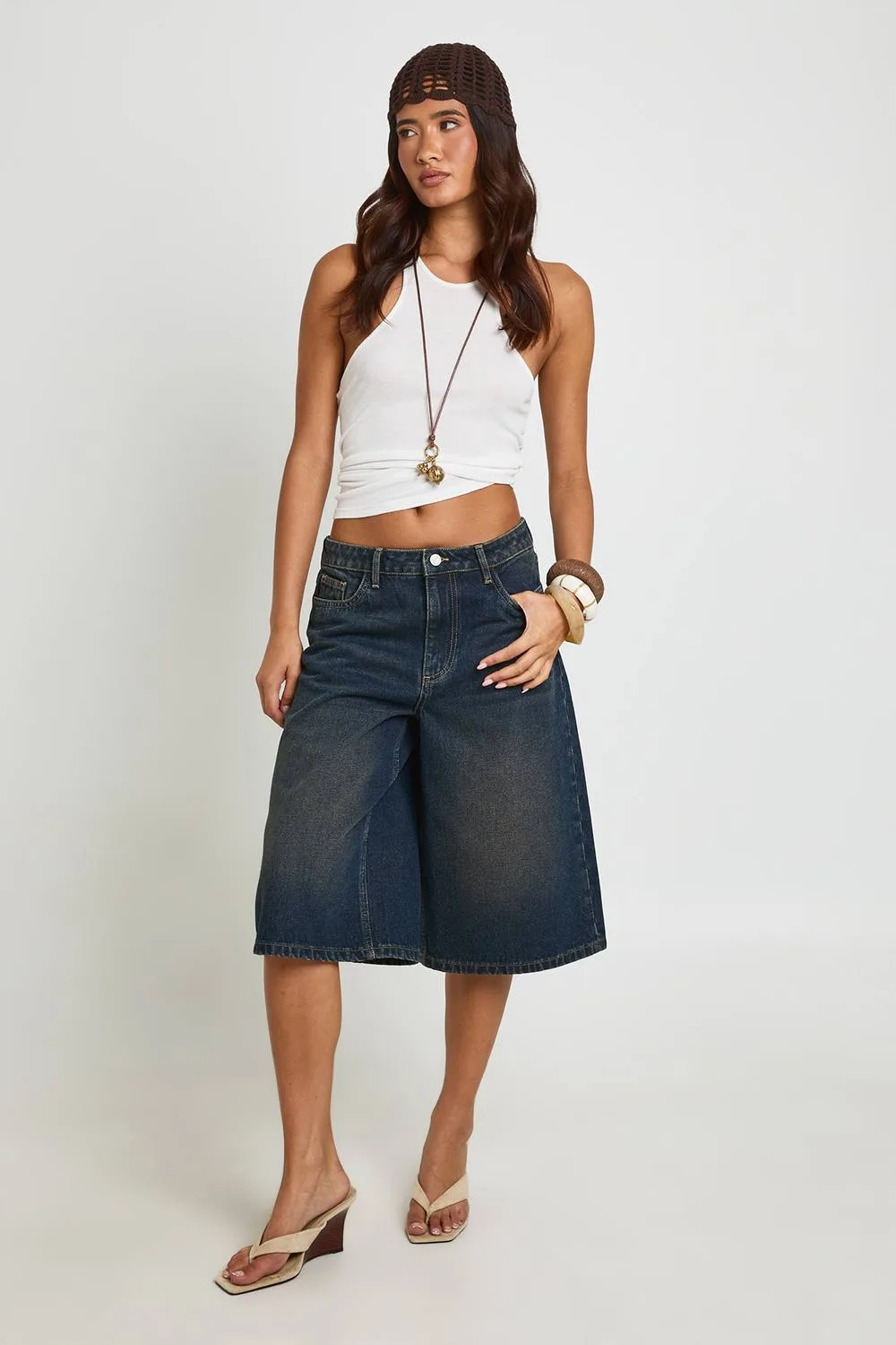 Longline Mid Rise Denim Jort by boohoo