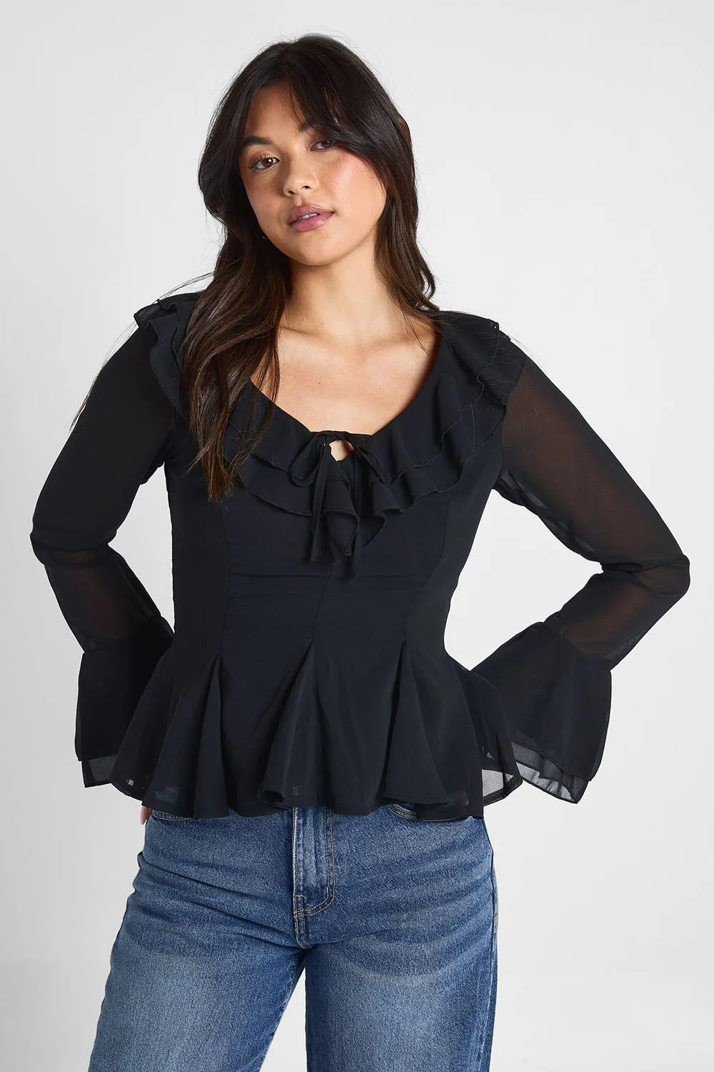 Ruffle Tie Detail Godet Blouse by boohoo