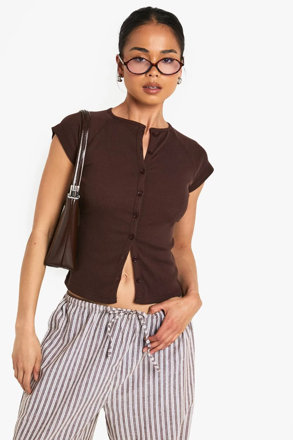 Rib Button Through Cap Sleeve Top by boohoo