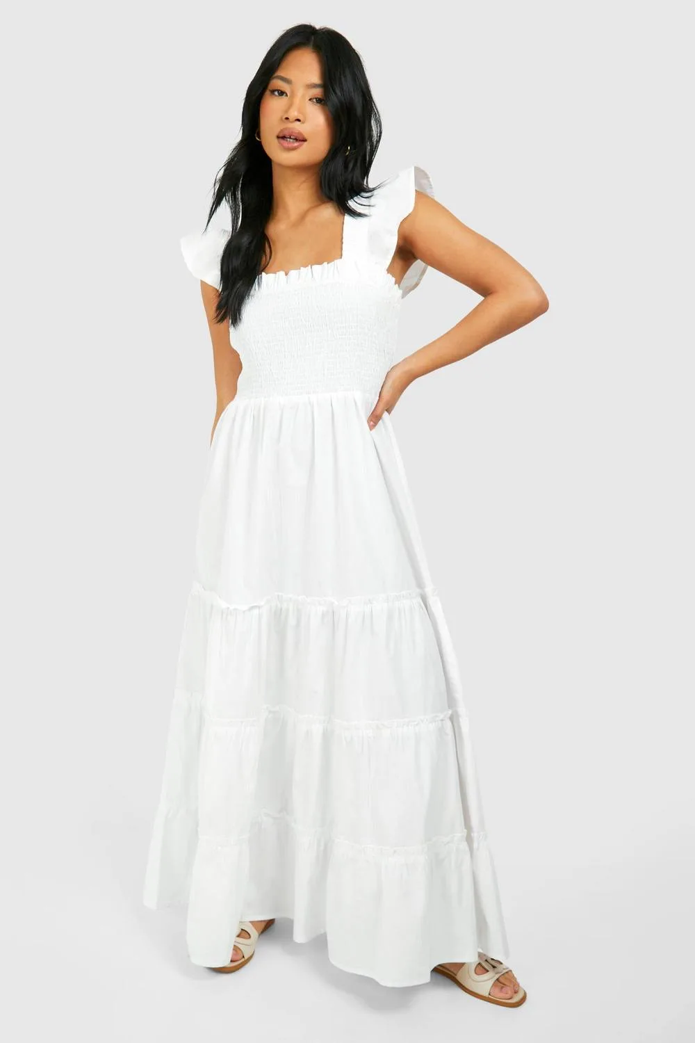 Shirred Poplin Midaxi Dress by boohoo