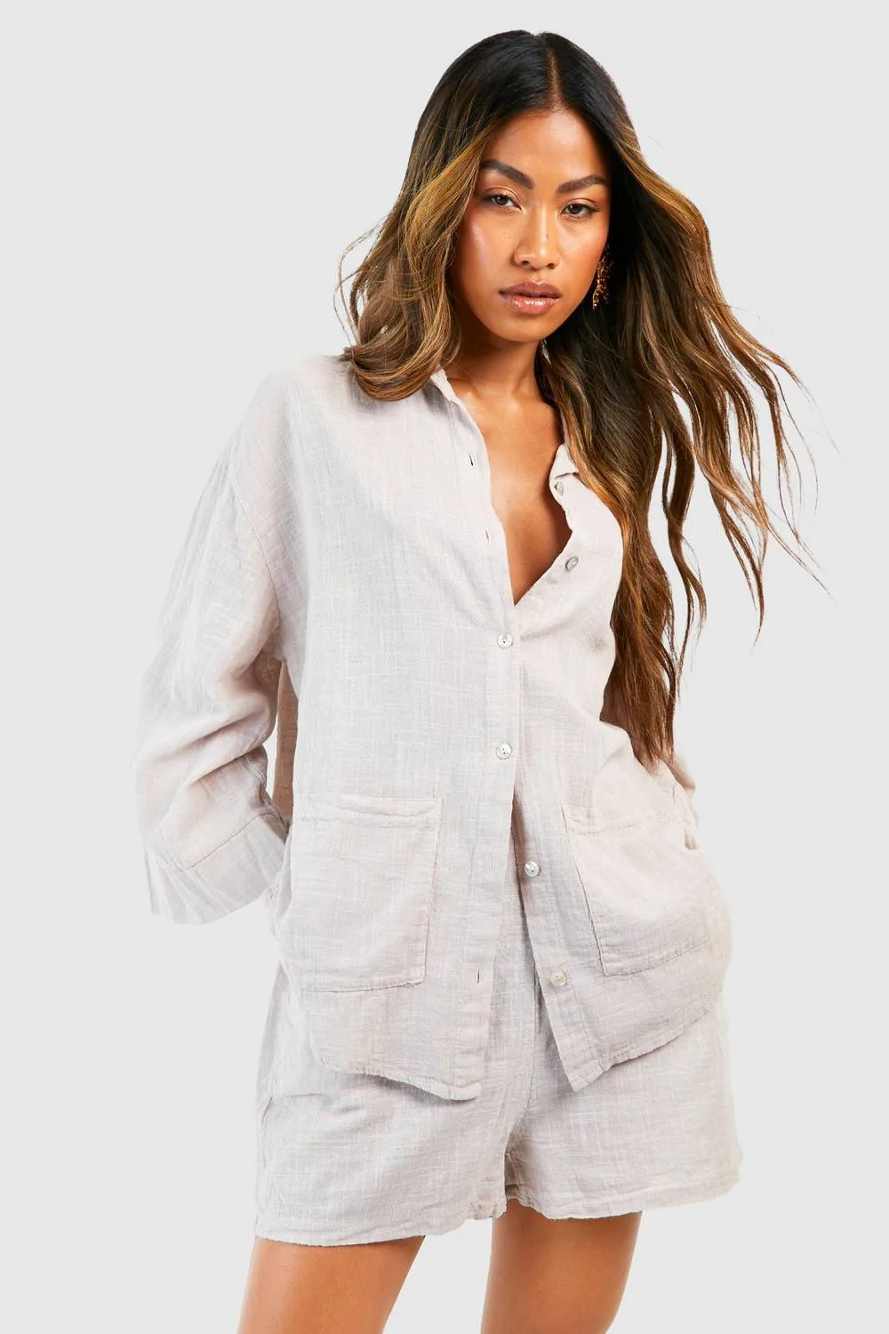 Textured Lightweight Cotton Oversized Shirt by boohoo