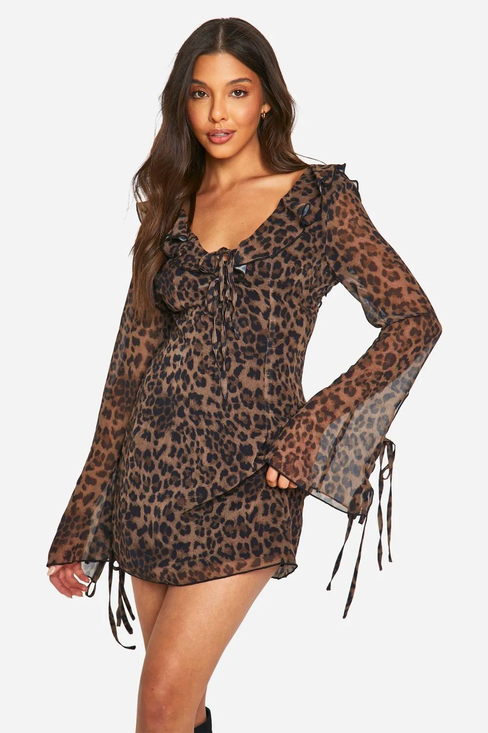 Leopard Chiffon Ruffle Shift Dress by boohoo