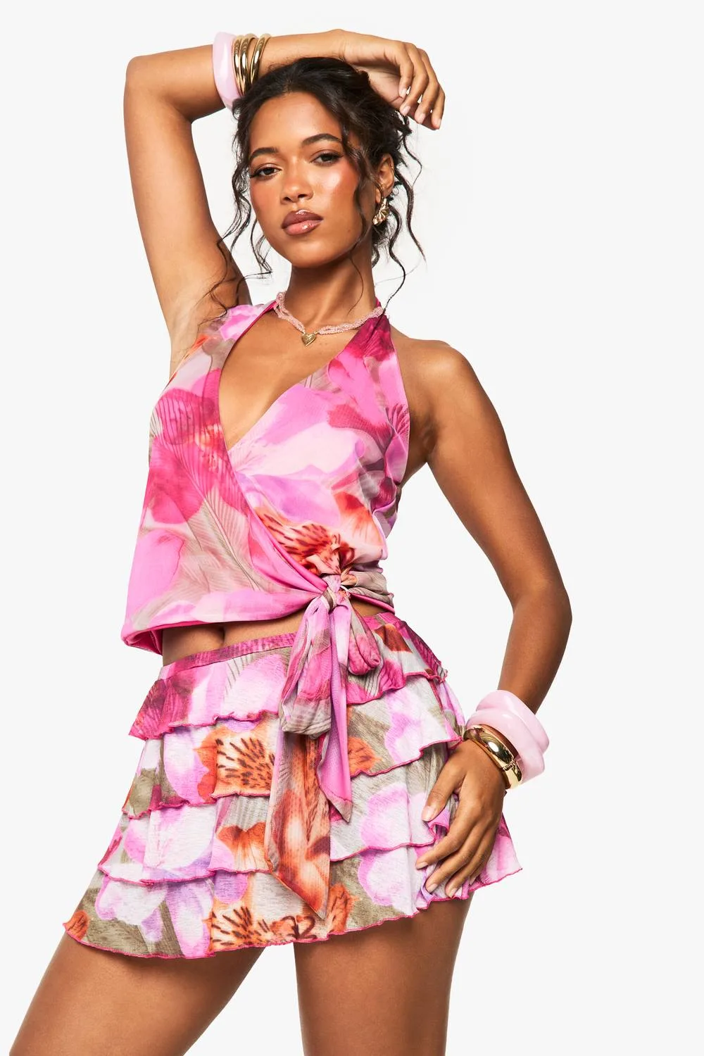 Floral Printed Tierred Ruffle Skirt with Built in Short