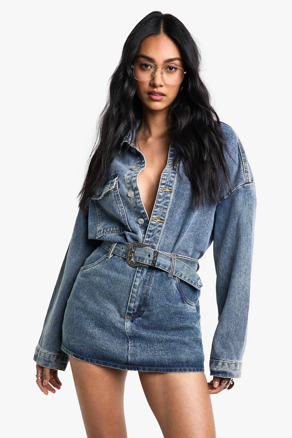Buckle Detail Denim Mini Skirt by boohoo
