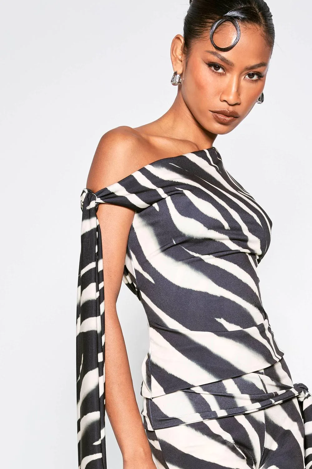 Zebra Print Tie Shoulder Top by boohoo