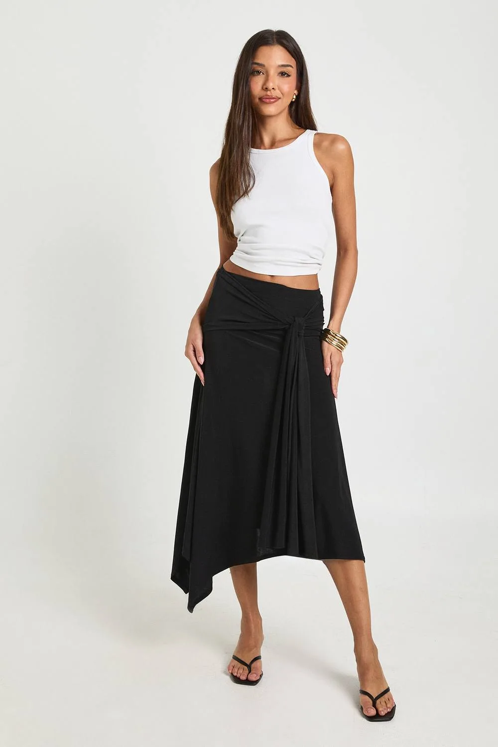 Double Layer Slinky Tie Waist Midi Skirt