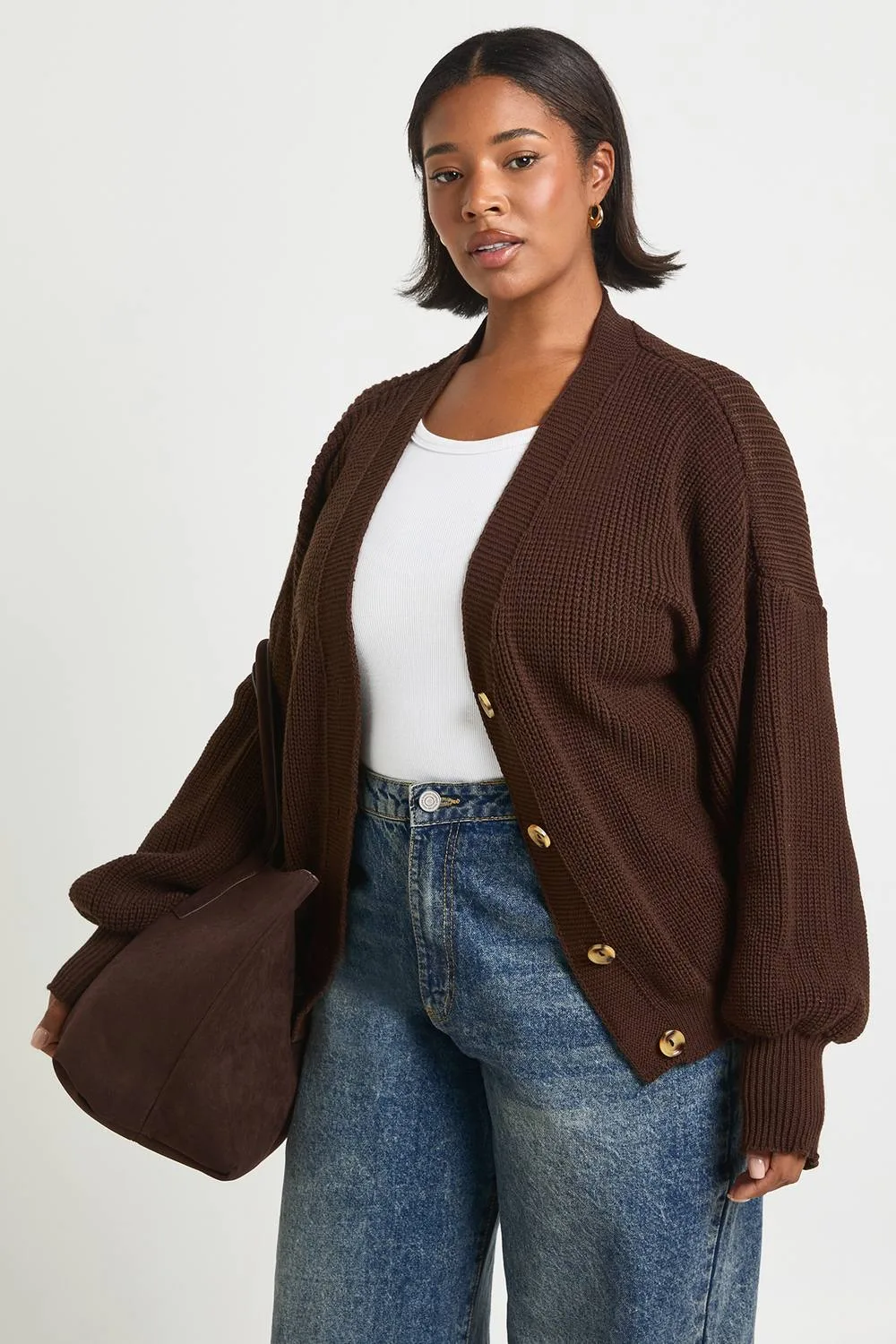 Balloon Sleeve Button Through Rib Cardigan by boohoo
