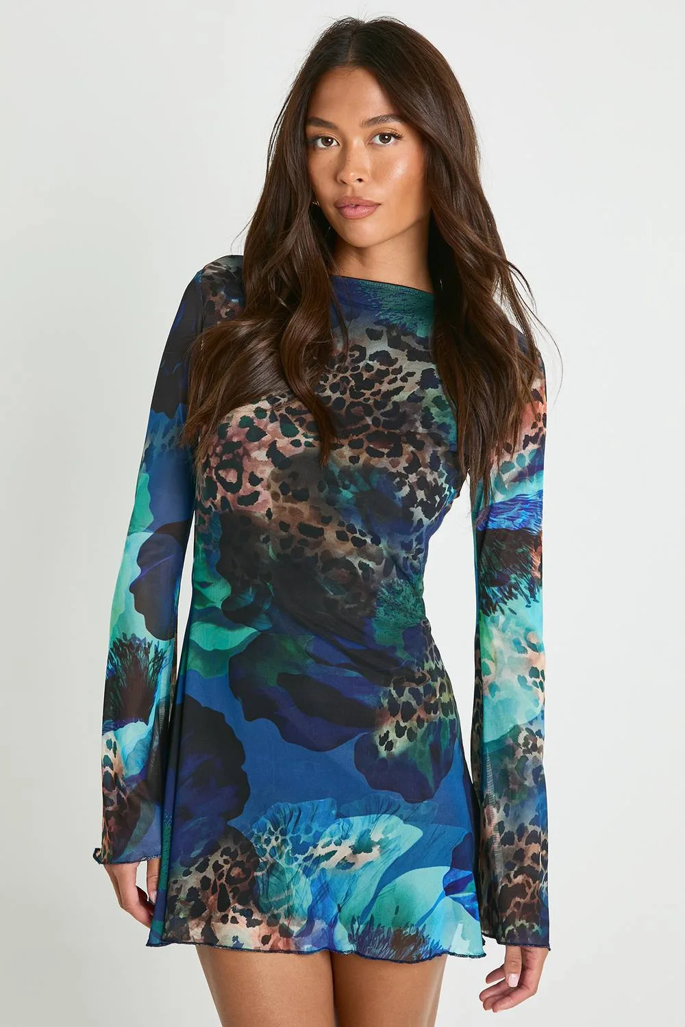 Floral Mesh Flare Sleeve Mini Dress