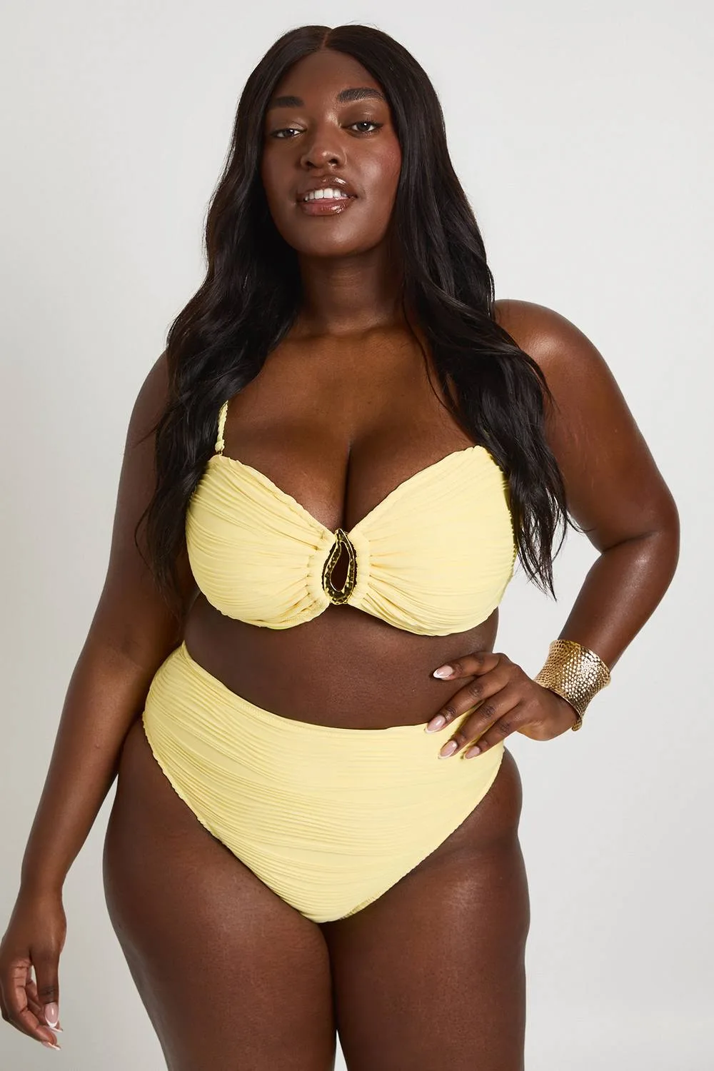 Textured Gold Trim Bikini Top & High Waist Bikini Bottom Set by boohoo