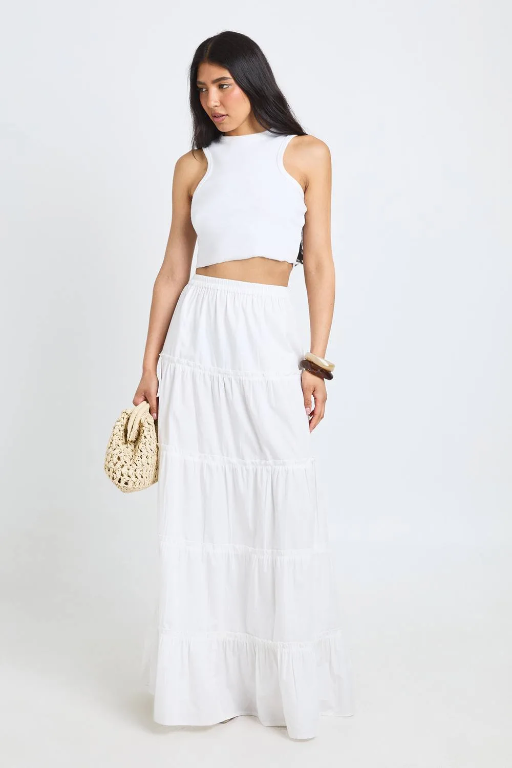 Tiered Cotton Poplin Maxi Skirt by boohoo