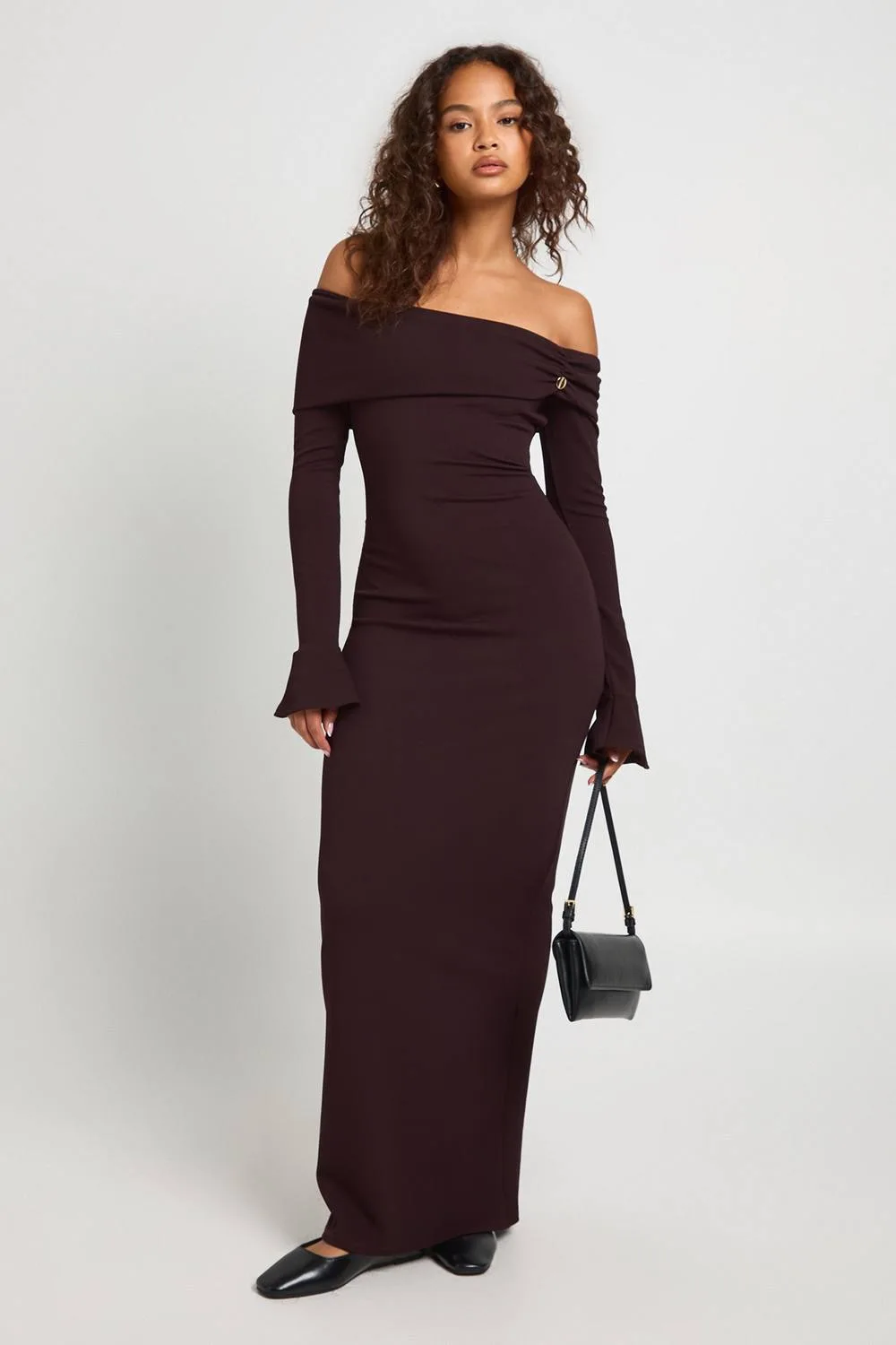 Rib Gold Button Detail Bardot Maxi Dress
