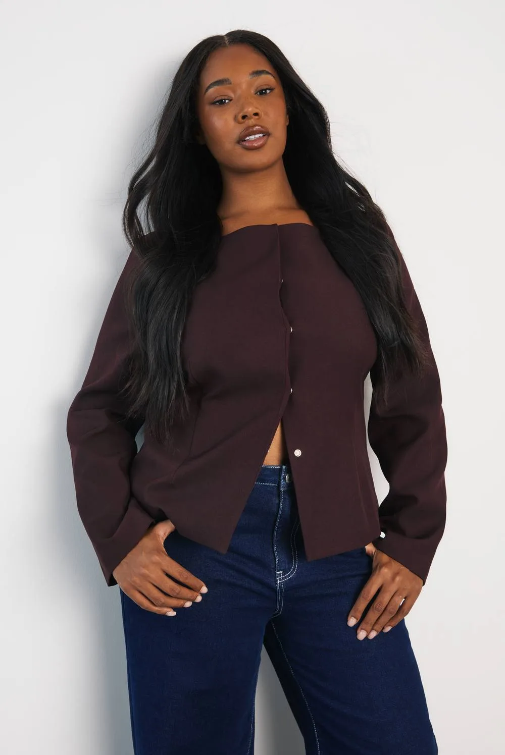 Boat Neck Concealed Front Blazer by boohoo