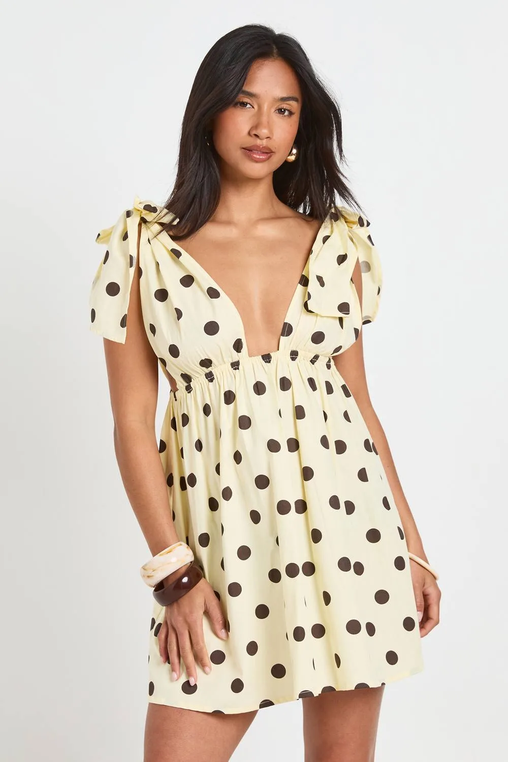 Polka Dot Cotton Poplin Tie Shoulder Mini Dress by boohoo