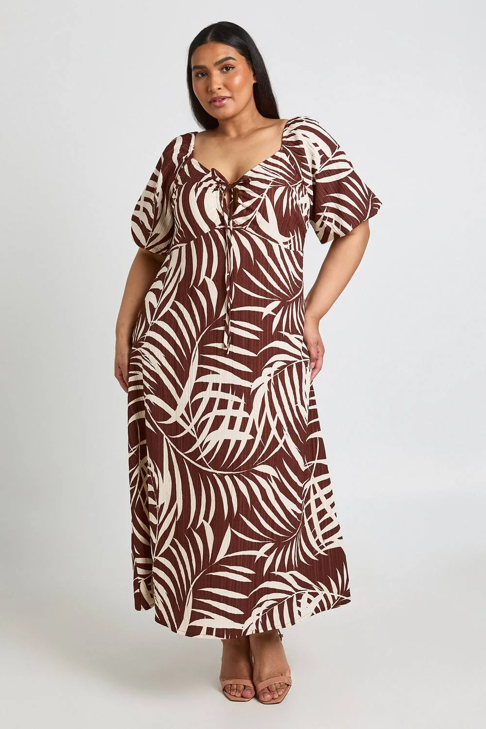 Palm Print Textured Volume Sleeve Midaxi Dress by boohoo