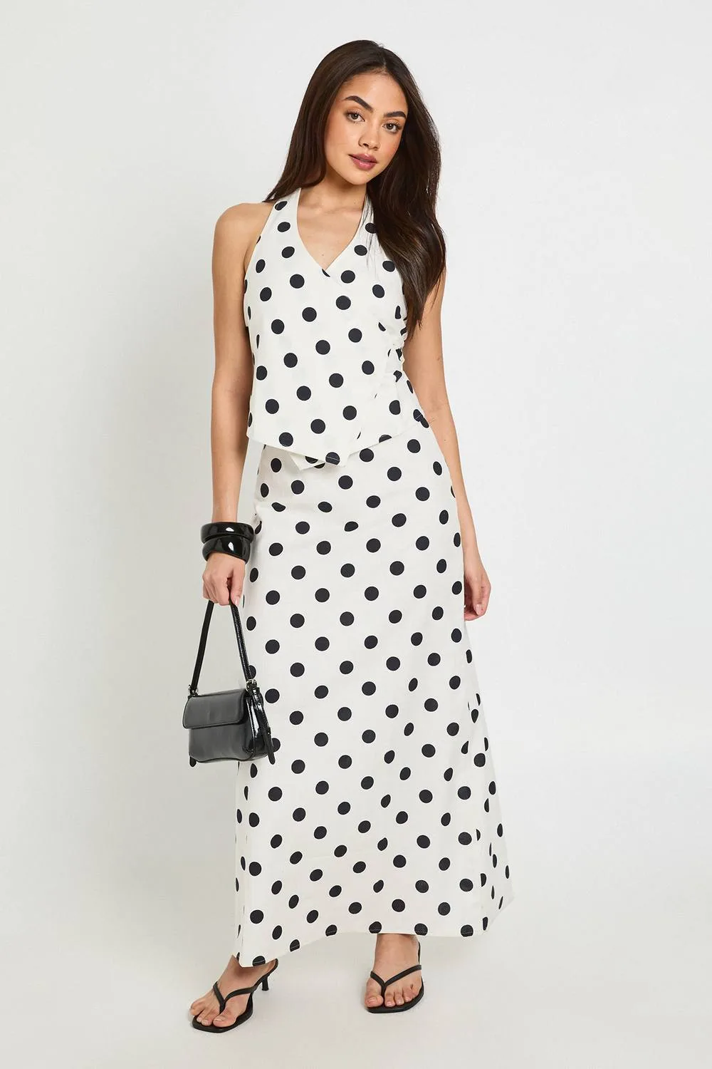 Polka Dot Linen Look Low Rise Maxi Skirt by boohoo