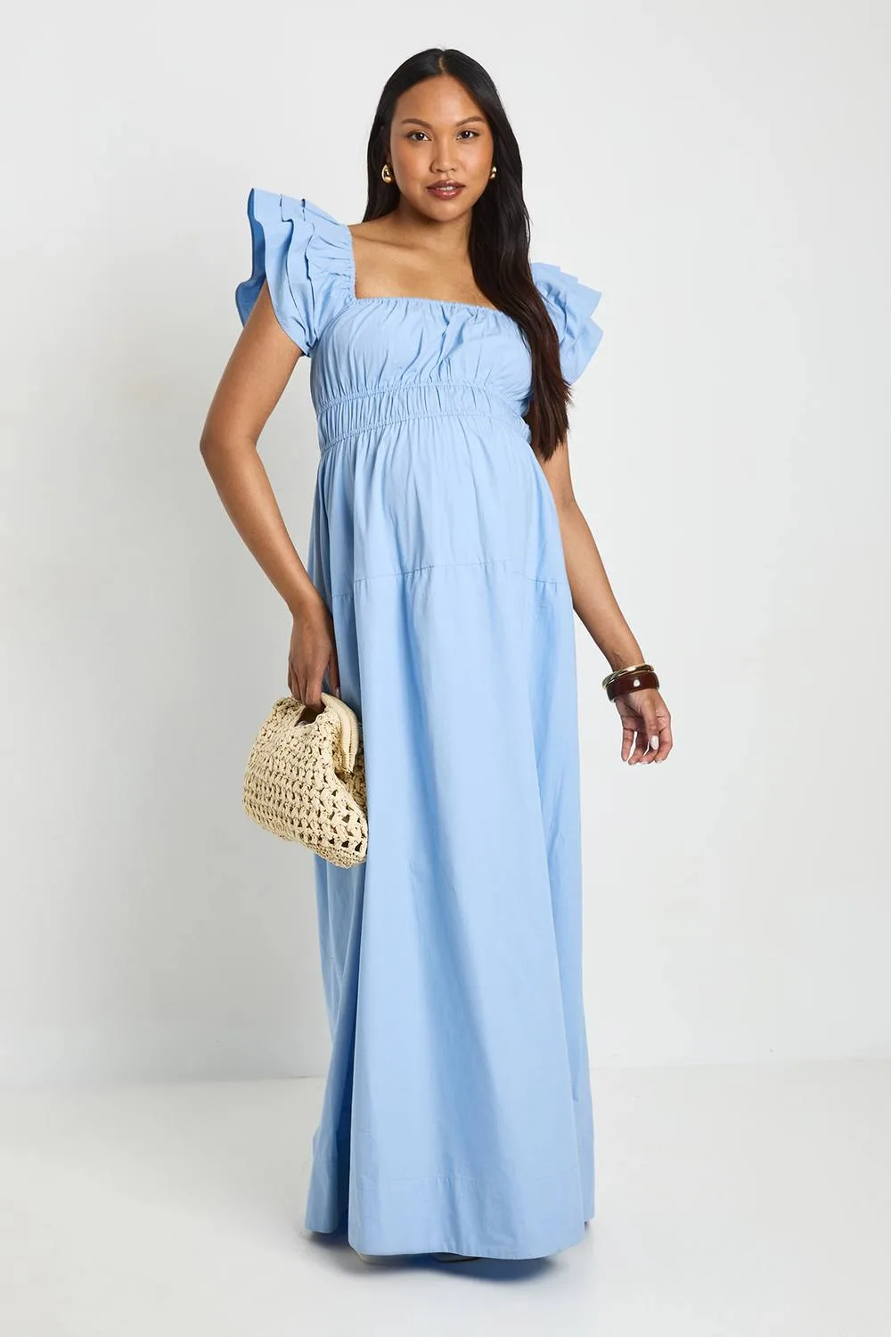 Maternity Cotton Poplin Shirred Maxi Dress by boohoo