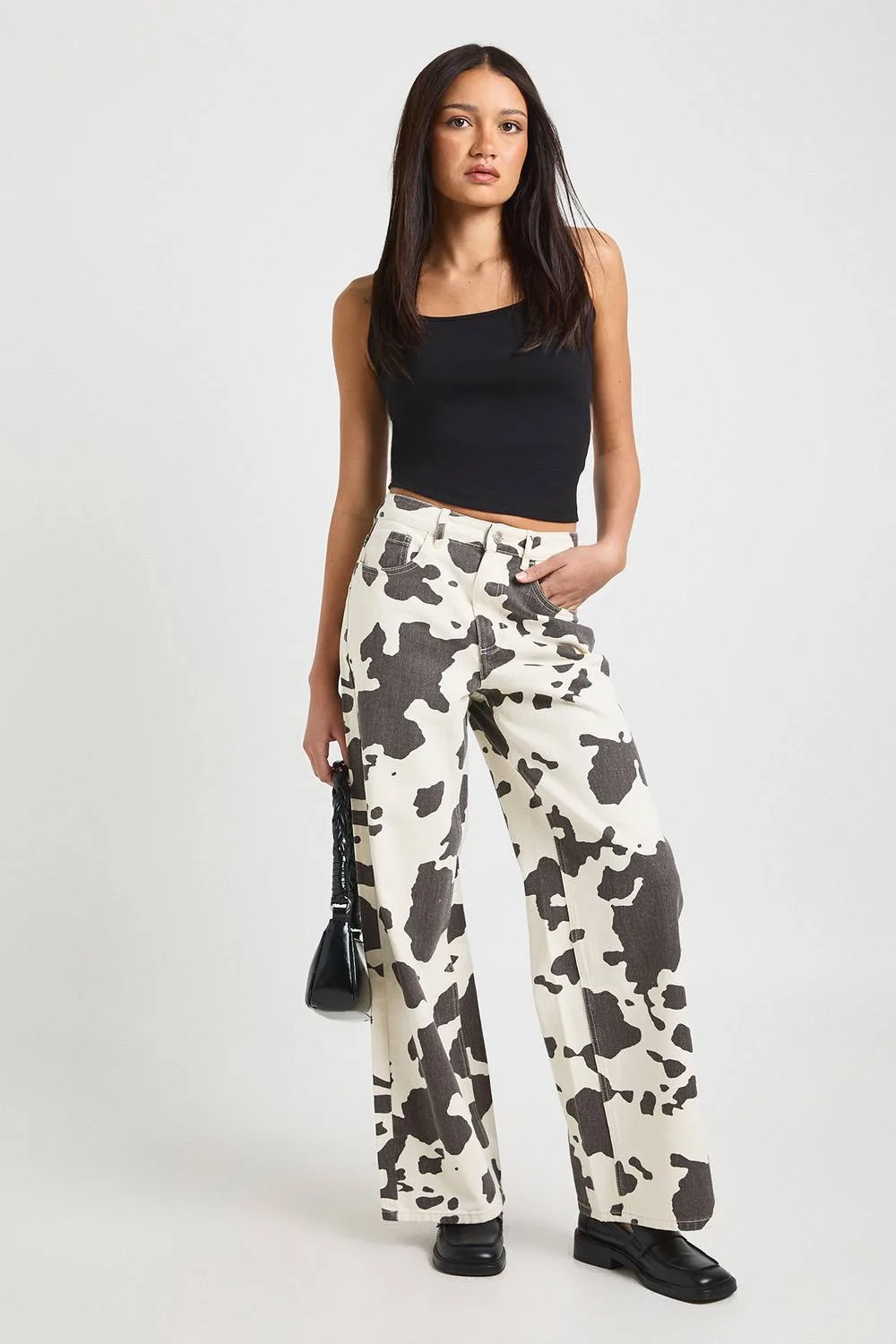Cow Print High Waist Wide Leg Jean by boohoo