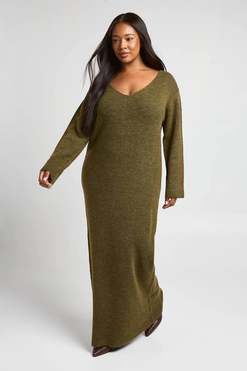 V Neck Long Sleeve Knitted Maxi Dress by boohoo
