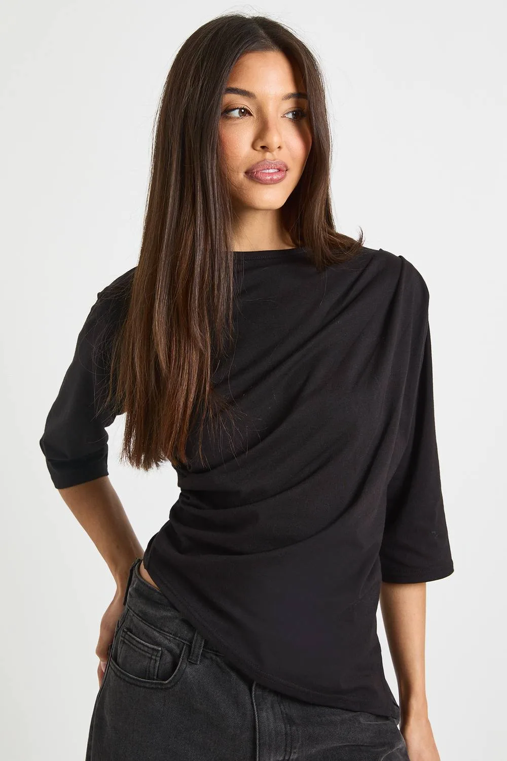 Asymmetric Hem Cinched Waist 3/4 Sleeve T-Shirt