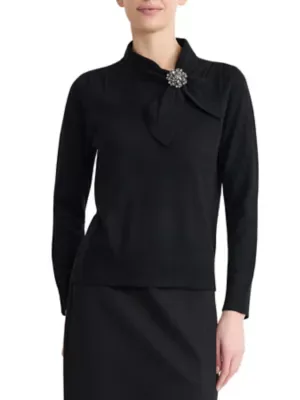 Tie Neck Sweater with Pleated Shoulder & Brooch by Kasper