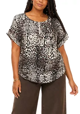 Leopard Print Dolman Half Zip Rolled Sleeve by Coin1804