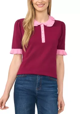 Short Sleeve Twofer Collar Sweater by CeCe