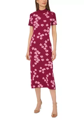Short Sleeve Mock Neck Floral Midi Sweater Dress by CeCe