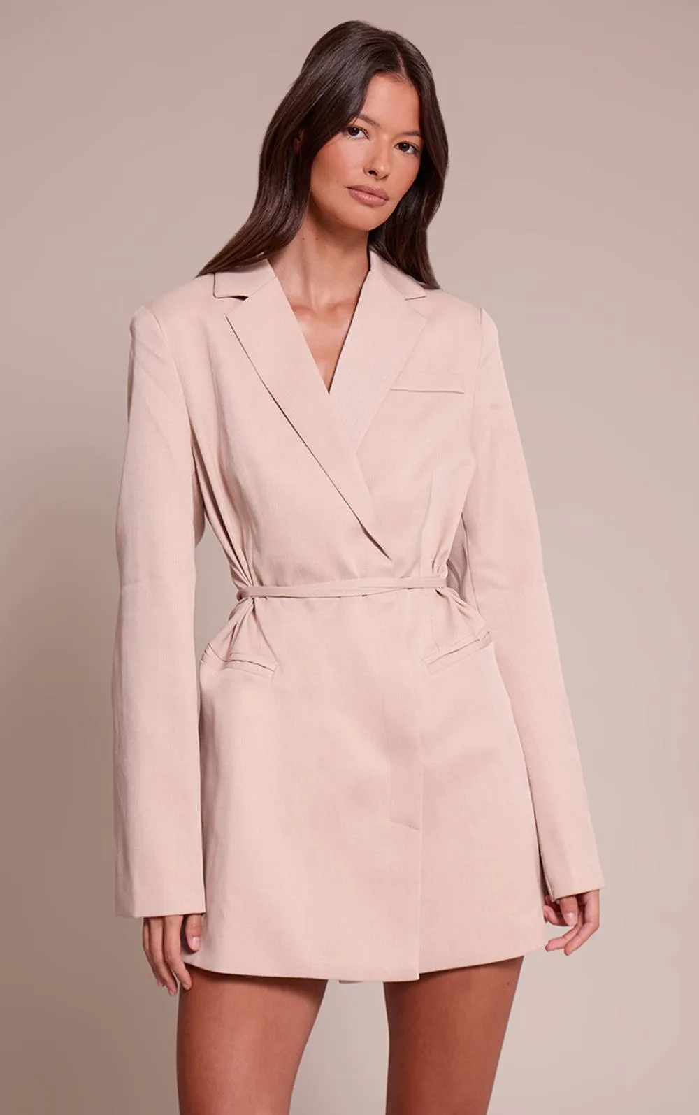 Woven Tie Blazer Dress - Stone