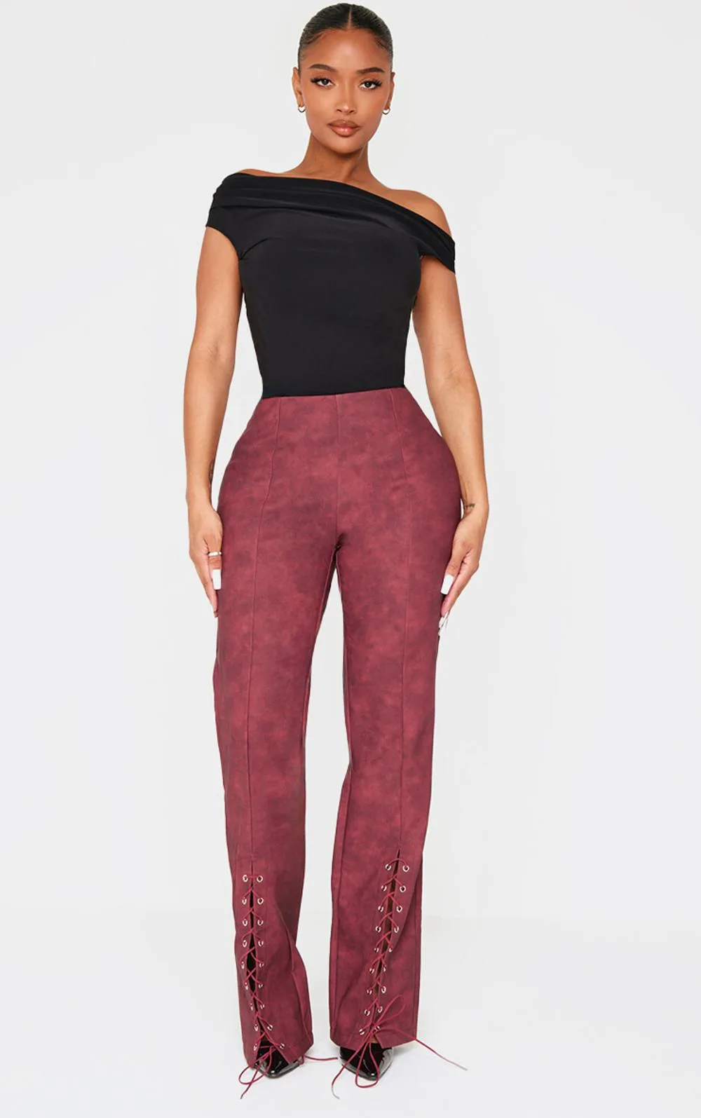 Faux Leather Lace Up Flare Trousers by PrettyLittleThing