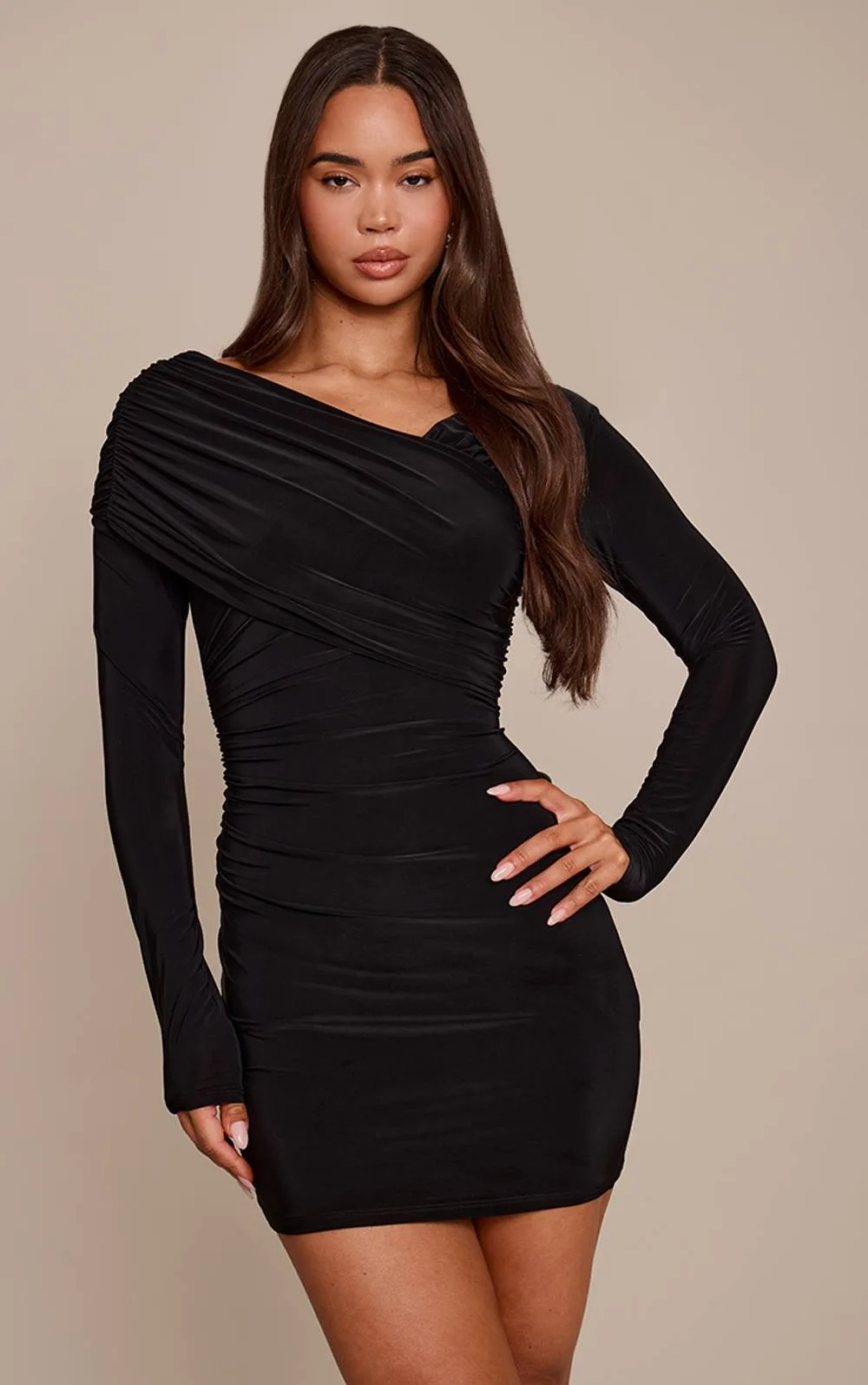 Slinky Wrap Off the Shoulder Mini Dress
