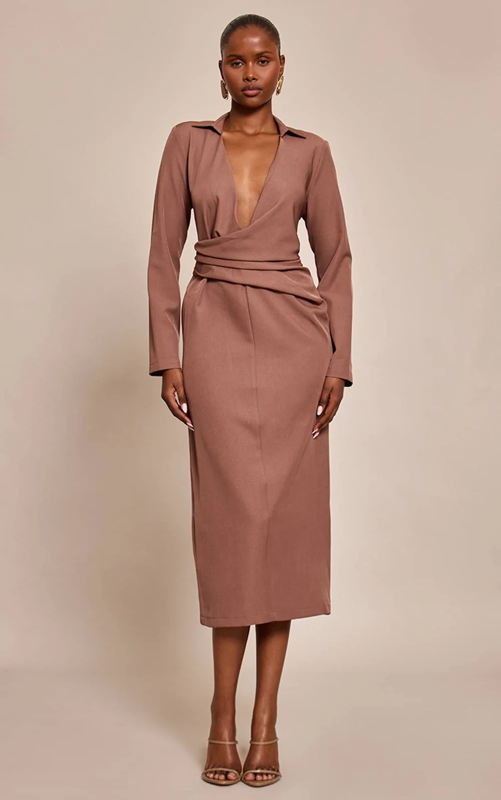Woven Wrap Detail Long Sleeve Maxi Dress