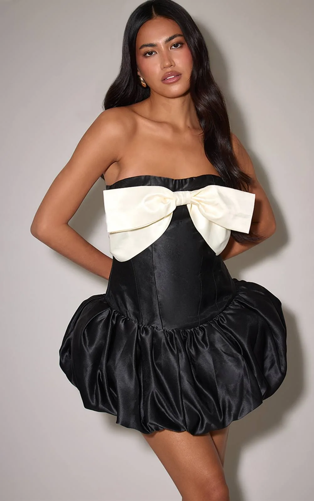 Bandeau Satin Bow Detail Puffball Mini Dress