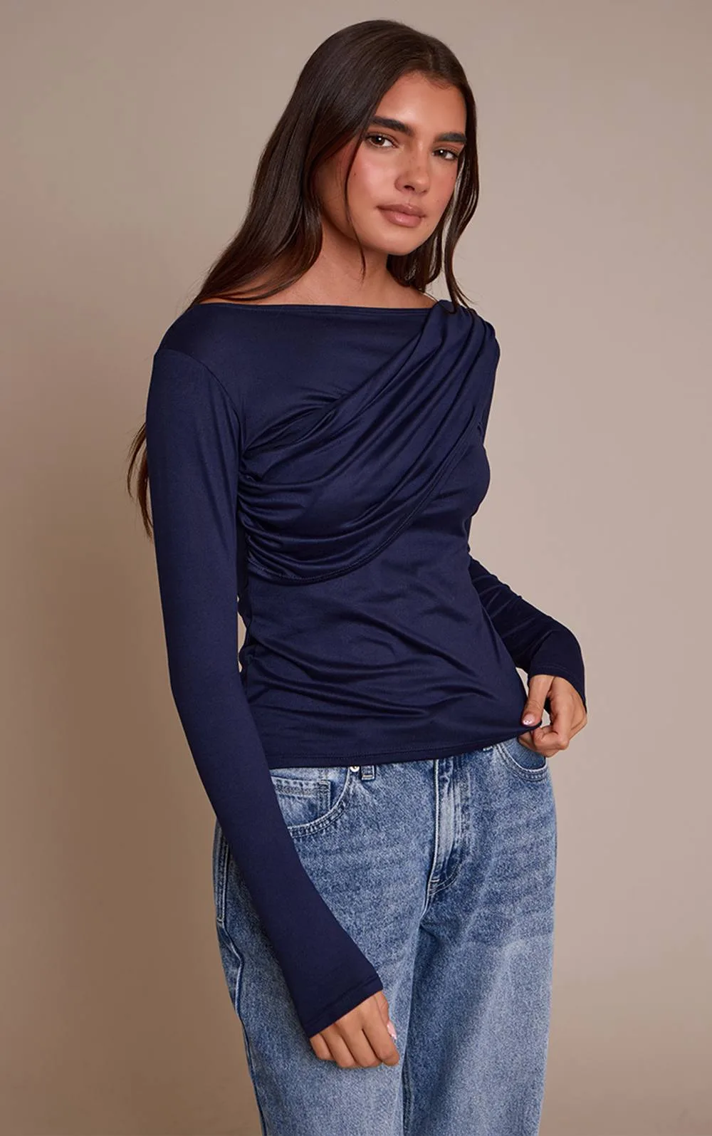 Soft Touch Drape Detail Long Sleeve Top
