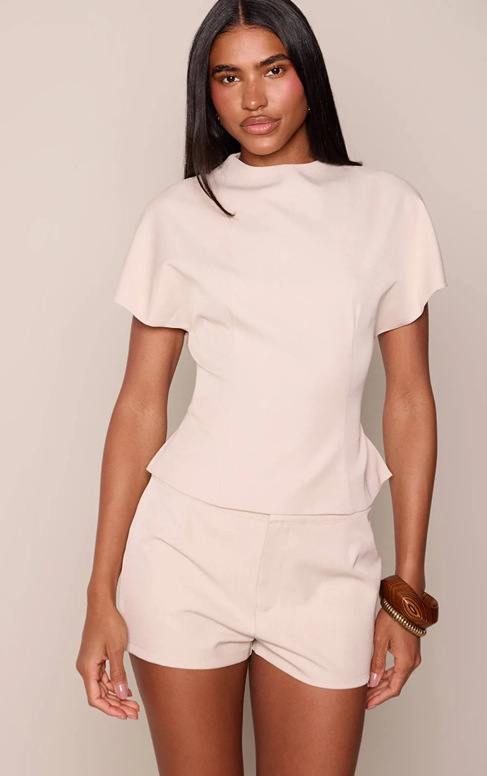 Tailored Cap Sleeve Fitted Top Co-Ord - Stone by PrettyLittleThing