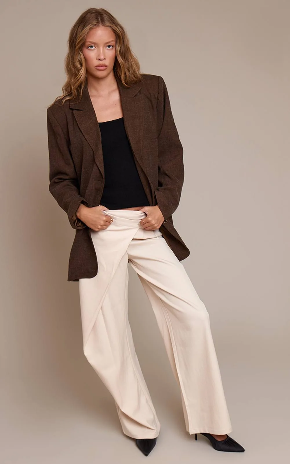 Woven Wrap Front Trousers - Stone