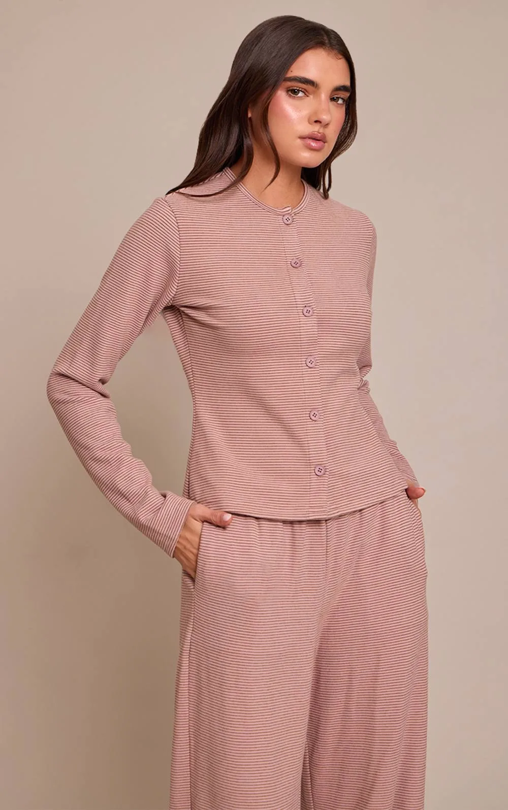 Soft Fleece Pinstripe Button Up Top Co-Ord