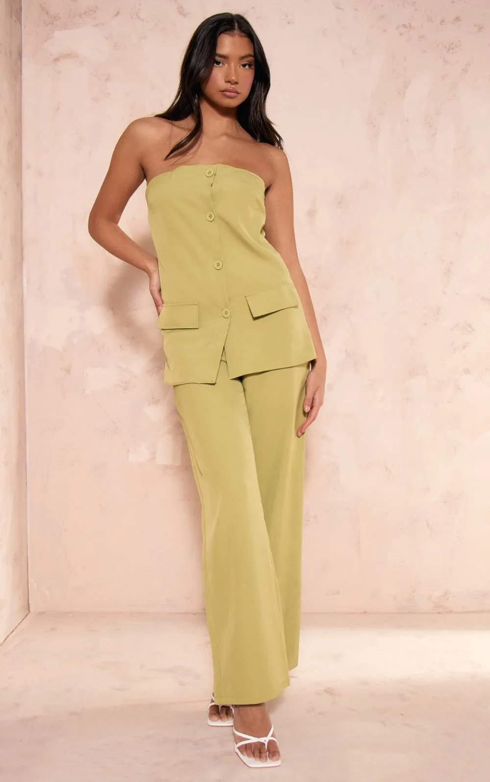 Woven Bandeau Button Detail Tailored Wide Leg Jumpsuit by PrettyLittleThing