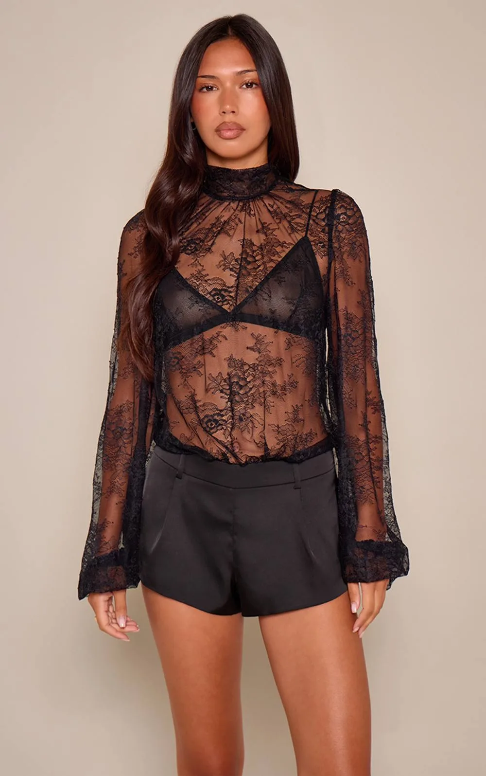 Sheer Lace Long Sleeve Satin Short Playsuit by PrettyLittleThing