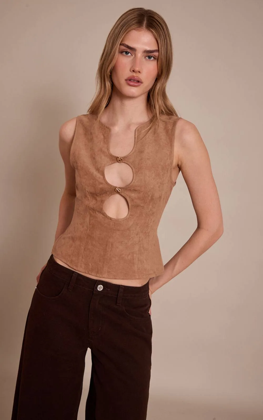 Faux Suede Fitted Cut Out Long Top