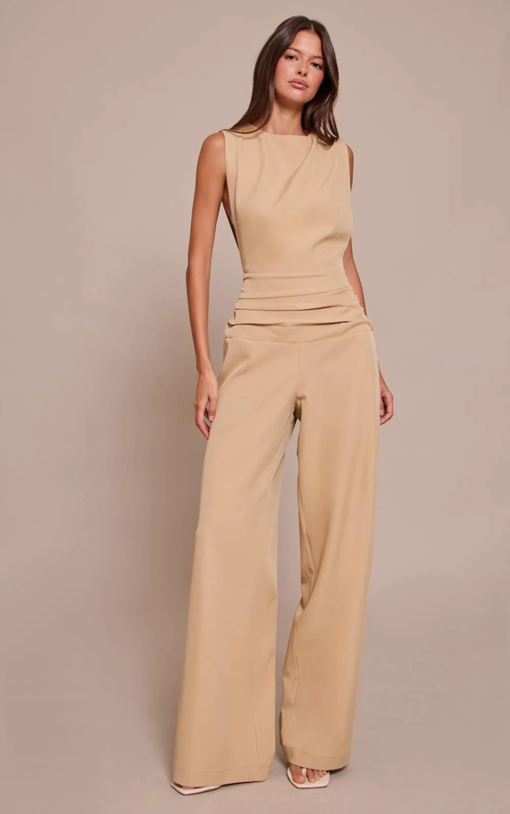 Woven Crew Neck Ruched Wide Leg Jumpsuit by PrettyLittleThing
